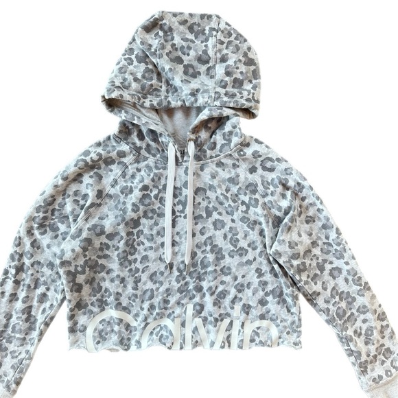 Calvin Klein Women’s Grey Leopard Cropped  Hoodie Sweatshirt Small - Picture 1 of 5